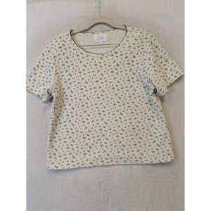 Things Between Women Cream Blue Floral Waffle Knit Scalloped Trim T-Shirt Size L